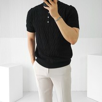 로니제이 남자 여름 케이블 꽈배기 헨리넥 반팔 니트