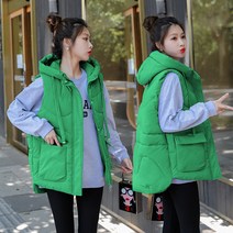 QIANSU 가을겨울신상 솔리드 빅포켓 후드패딩조끼