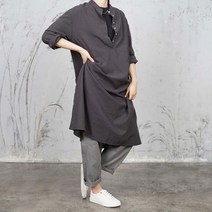 벅시루 여성 면린넨 반오픈 차이나넥 롱 원피스
