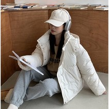 겨울 크림색 후드 제빵 패딩 여숏 키