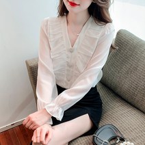 여성용 프릴 브이넥 긴팔 블라우스 하늘비즈 A31 Y962D175