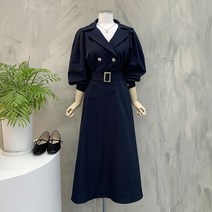 행복여[봄신상무배]부티크 더블 단추 오픈 카라 벨트 플레어 원피스