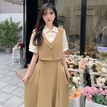 빅사이즈 여성복 정장 조끼 A라인 미디 스커트 프렌치 퍼프 소매 블라우스 투피스
