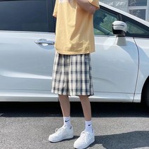 여름 체크 무늬 캐주얼 팬츠 남성용 트렌디 느슨한 패션 개성 올 매치 하이 스트리트 반바지