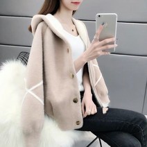 DH 모조 밍크 코트 여성 모피 초가을 후드 니트 카디건 짧은 코트 느슨한 스웨터