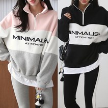 러브포텐 [기모] 여성 오버핏 반집업 맨투맨 티셔츠 빅사이즈 긴팔 맨투맨 루즈핏 레이어드 긴팔티 겨울 국내생산 아노락 맨투맨티셔츠