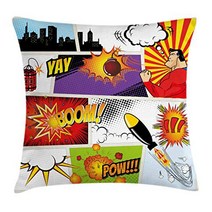 Ambesonne Superhero Throw Pillow Cushion Cover Retro Comic Book Speech Bubbles Mock-up Symbols Soun, 1, Multi 5