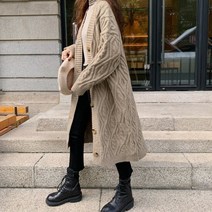 브이넥 니트 단추 루즈핏 울 롱 가디건 데일리 여성