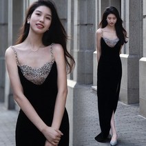 블랙 파티 드레스 원피스 밝은 별빛 분할 다리 연회 생일 무대 쇼 호스트 웨딩 19171
