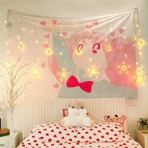 마크라메 애니메이션 태피스트리 카와이 귀여운 여자 소녀의 침실 장식 벽 교수형 핑크 태피스트리 일본 방 장식, 연한 초록색, 6m led 조명