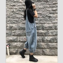 여성멜빵바지 카고 데님 루즈핏 날씬해보이는 개성 점프슈트 9부 연예인룩 데일리 루즈핏 배기 건빵바지 청멜빵