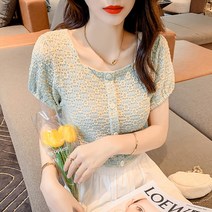 플라워 펀칭 실크블라우스 여성 여름 2023 년 벌룬소매 주름 숏 뱃살가리기 티셔츠 반팔셔츠