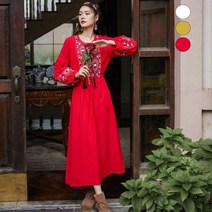 에스닉 미디움 롱 스커트 여성 면 마 원피스 패턴 자수 루즈핏 A라인 긴팔 원피스 여행 바캉스