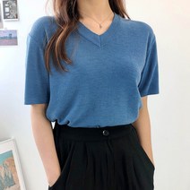 커밍투유 여성 브이넥 반팔 니트 티
