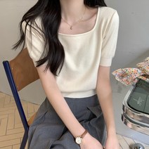 봄여름 ins스퀘어넥 숏 무지 코디 니트 반팔 상의