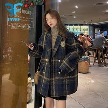 더플코트 걸그룹 여성피코트 스쿨룩 프레피 떡뽁이 학생 코트 격자 무늬 모직 자켓 블레이저 프랑스 영국 스타일 외투 여성 더블 브레스트 라펠 두꺼운