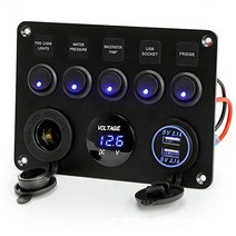 Toggle Rocker Switch Panel Dual USB Socket Charger 4.2A + LED Voltmeter + 12V Power Outlet + 5 Gang, 1, Blue