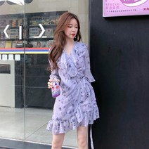 핫템퀸 (오늘GO) 바이올렛 여성 여자 쉬폰 플라워 랩 샤랄라 미니원피스