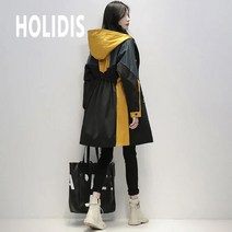 HOLIDIS 여성 하프 트렌치코트 봄 루즈핏 캐주얼 패션 패치 후드 코트