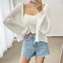 [랜덤플레이] 원버튼 포인트 크롭 그물 니트 가디건