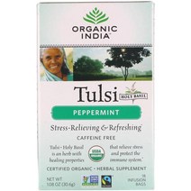 ORGANIC INDIA 툴시 차 페퍼민트 카페인 무함유 티백, 1개