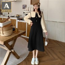 ANYOU 결혼식하객룩 가을과 겨울 부드러운 코듀로이 패치 워크 대비 드레스 네이비 칼라 세련된 드레스 니트원피스