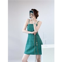 체크뷔스티에원피스 LINGLAI 그린 스윗 끈나시 여성 봄가을 디자인감각 보이핏 볼륨 하프기장 A라인 4992563419