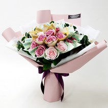 [토퍼증정]수플라워 돈꽃다발 돈다발 장미 유칼립투스 핑크+쇼핑백+토퍼, 25송이