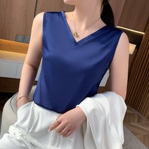 DFMEI 여성 브이넥 새틴 나시 루즈핏 화이트 민소매