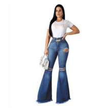 여성 빅사이즈 플러스 사이즈 여름 바지 팬츠 용 블루 워싱 플레어 데님 엄마 청 겨울 봄 옷 스키니 사이드 스트라이프 하이 웨이스트 스팽글 y2k