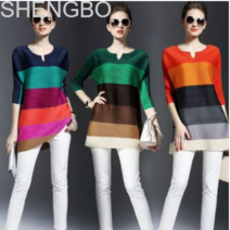 SHENGBO 플리츠 주름지 브이넥 스트라이프 a라인 롱 티 블라우스 30대 40대 미시 NO.0022F10L
