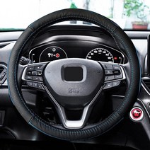 QianBao 천연 가죽 자동차 스티어링 휠 커버 블랙 38.1~40.6cm 15.5~16인치 휠용 땀 흡수 툰드라 레인지 로버 F150 F250 F350 램 4러너 타코마 블랙/, Blue Line, Medium(Standard) Size 14.5