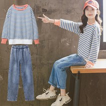 소소키즈 여아 줄가라 맨투맨 +청바지 상하세트 아동 키즈 주니어 상의 팬츠 외출복