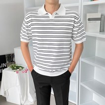 [피팅남] 남자 아이스 쿨링 마린 스트라이프 카라 반팔티