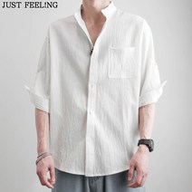 JUST FEEL!NG 여름 시원한 면마 린넨 반팔 셔츠 남성 코디 심플 단색 주머니 셔츠 캐주얼 빅사이즈 남방