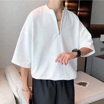 남성 반집업 차이나 넥카라 모던 디자인 반팔 티셔츠 오버핏 브리넥 남자 라운드 남성 무지 팟 티