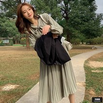 가바바 여성 원피스 여성스러운 벨트 장식 리본 플리츠 데이트룩 쉬폰 롱원피스 G49561