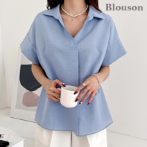 블루종 앞주름 카라넥 반팔 블라우스_B2304BL083B