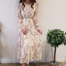 상상그이상 쉬폰 꽃가라 허리밴딩 라운드넥 캉캉 롱원피스