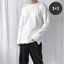 1+1 남자 레이어드 긴팔 티셔츠 오버핏 목안늘어나는 롱 슬리브 옆트임 흰티 면