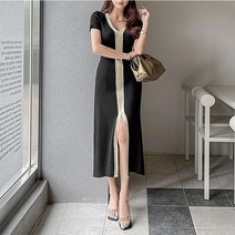 스타일아유 여성 Y 배색 글램 골지 반팔 트임 A라인 슬립 썸머 여름 니트 롱 원피스