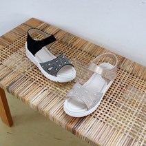 런슈즈 큐빅 핫픽스 발편한 벨크로 스트랩 샌들 여성 쿠션 통굽 웨지힐 5cm