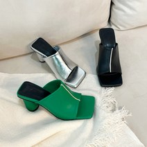 배색라인 스퀘어 뮬힐 통굽뮬 실버 슬리퍼샌들 8cm