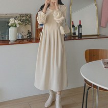 로로텐 핀턱 셔링 롱 원피스 라운드넥 허리끈 A라인 빅사이즈