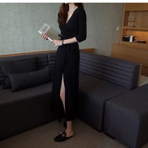 SAMARA mall 여성 랩 원피스 V넥 A라인 롱 쉬폰 스커트 데일리 캐주얼 패션 A55