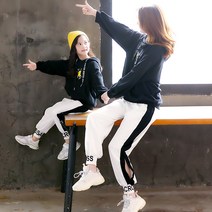 긴팔맨투맨 패밀리 룩 어머니 여성의류 2022 년 봄가을 계절 간지나는 운동 투세트 트렌드 2408434887, 엄마 L, 블랙 긴 소매 _화이트 팬츠 JY65