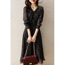 엘레강스 미디 스커트 기질 브이넥 모조 누에실크 작은 도트 원피스