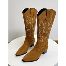 웨지 힐 롱 부츠 웨스턴 여성 서양 카우보이 지적 신발 인쇄 중반 송아지 겨울 Chunky 뒤꿈치 나이트 Botas Feminina
