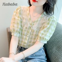 나바바 NB849 여성 러블리 체크 프릴 브이넥 블라우스