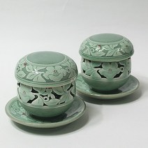 (고급) 청자 목단 투각 2인 다기 세트, 1세트